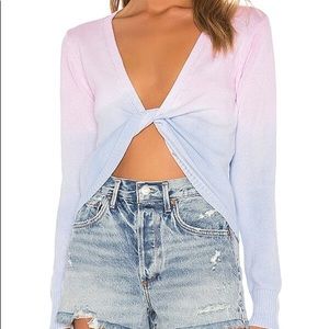 Lightweight, very soft. Pink and baby blue sweater